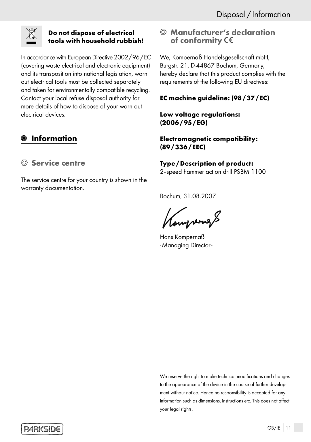 Kompernass PSBM 1100 manual Disposal / Information, Service centre, Manufacturer‘s declaration of conformity 